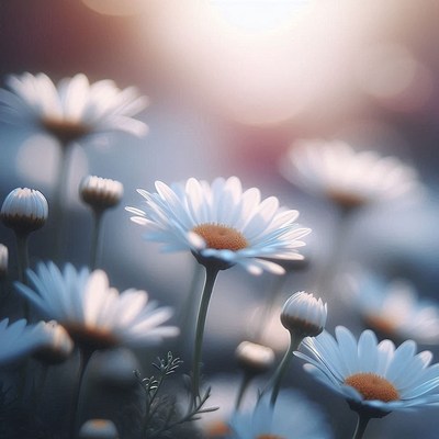 Daisies bloom in the afternoon sun