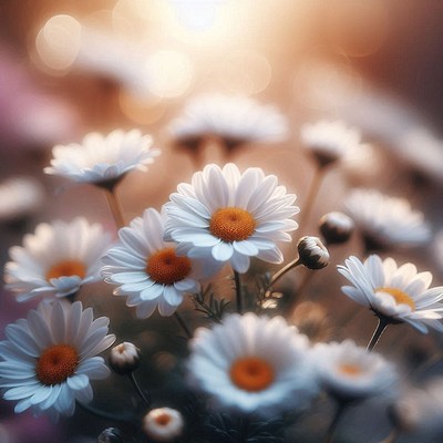 White daisies bloom in the evening light