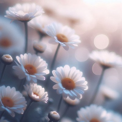 Daisies bloom in the soft light of morning