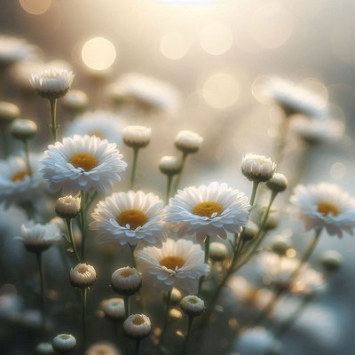 Daisies bloom in the soft morning light