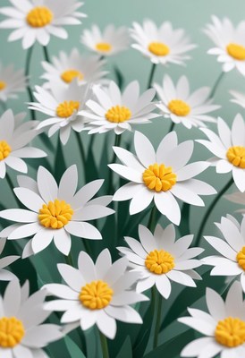 Paper daisies bloom in a field of green