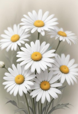 White daisies with yellow centers bloom in the garden