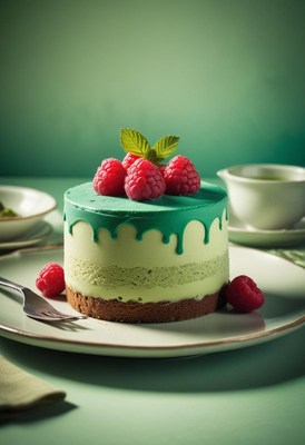 A green tea cake with raspberries and mint