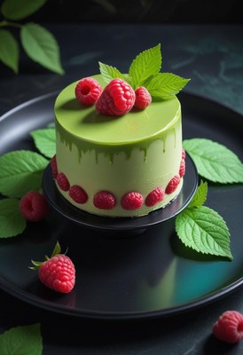 A small green cake with raspberries on top