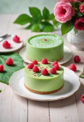 Green tea cheesecake with raspberries on a plate