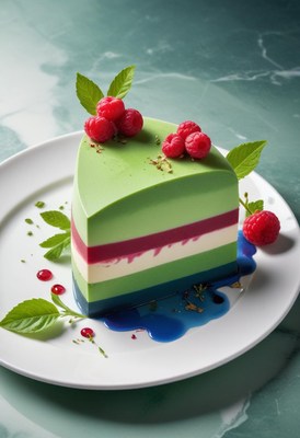 A slice of multi-layered cake is on a white plate
