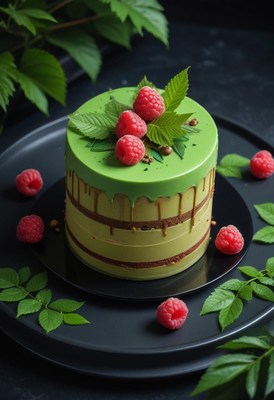Green cake with raspberries on a black plate
