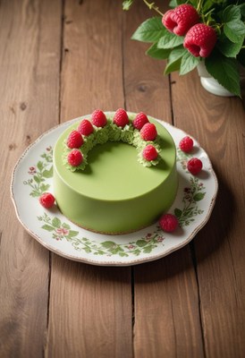 A green tea cake with raspberries on a plate