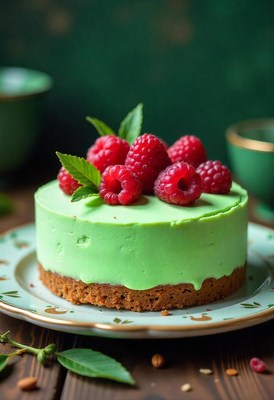 A green cheesecake with raspberries sits on a plate