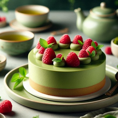 A green tea cake with raspberries and mint