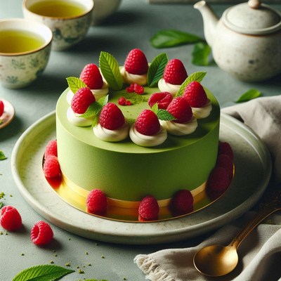 A green tea cake with raspberries and a gold rim