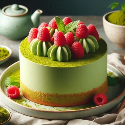 A green tea cake with raspberries and mint