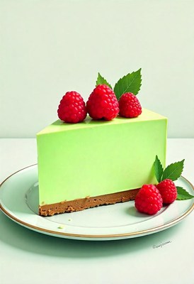 A slice of green cheesecake topped with raspberries