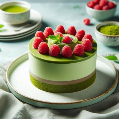 A green tea cake topped with raspberries sits on a plate
