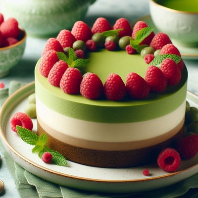 A green tea cake with raspberries and mint