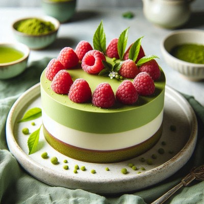 A green tea cake topped with raspberries