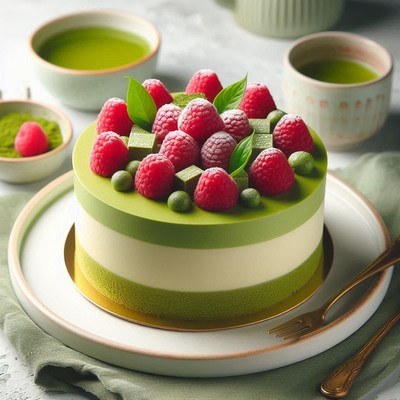 A green tea cake with raspberries and matcha powder