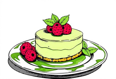 A green cake with raspberries on top sits on a plate