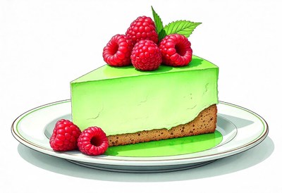 Green cheesecake with raspberries on a plate