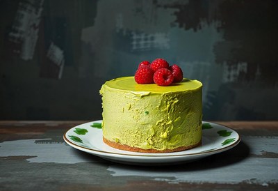 Green cake with raspberries on a white plate