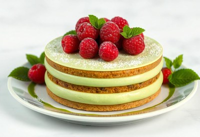 A layered cake with raspberries and mint on top