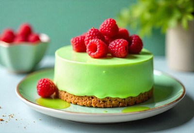 A green cheesecake topped with raspberries sits on a plate