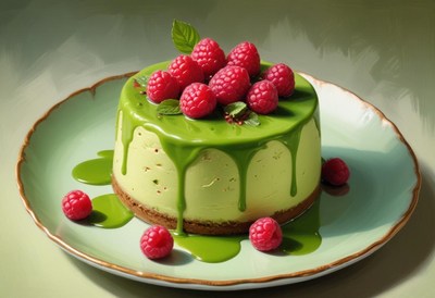 A green tea cheesecake with raspberries