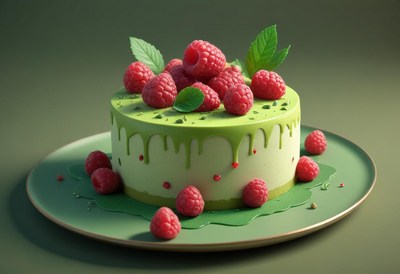 Green cake with raspberries and mint on a plate