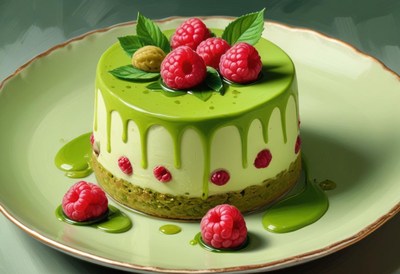 A small green tea cake topped with raspberries