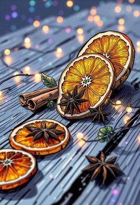 Dried orange slices and star anise on a wooden table