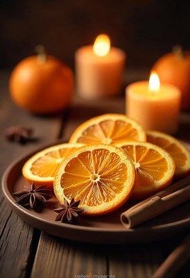 Dried orange slices on a plate with candles
