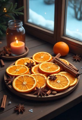 Dried orange, cinnamon, and star anise by a window