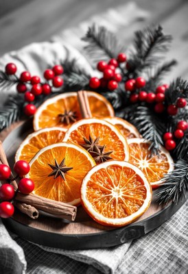 Orange slices with star anise and cinnamon on wood