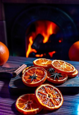 Dried orange slices and star anise by a fireplace