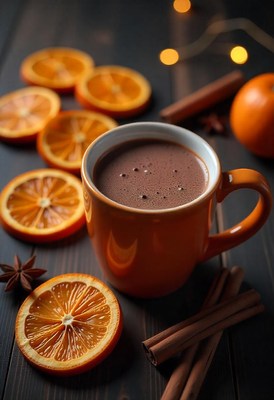 Hot chocolate on a table with orange and cinnamon