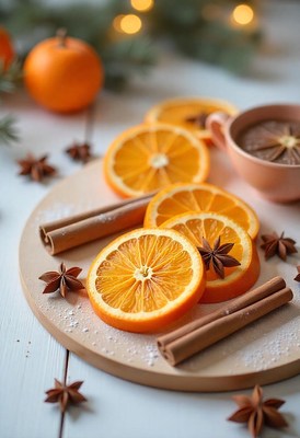 Dried orange slices and cinnamon sticks on a wooden board