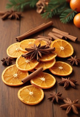 Orange slices, cinnamon, and star anise on wood