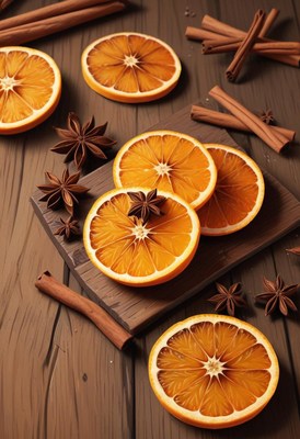 Orange slices, cinnamon, and star anise on wood