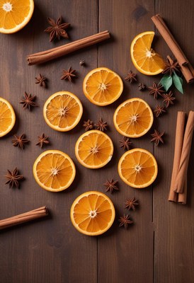 Orange slices, cinnamon, and star anise on wood