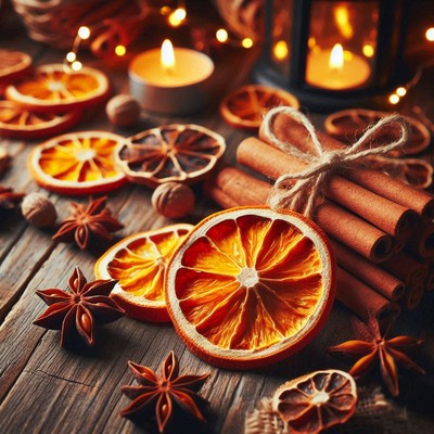 Dried orange slices and cinnamon sticks on a wooden table
