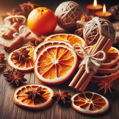 Orange slices, cinnamon, and star anise on wood