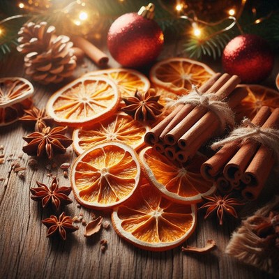 Dried oranges and spices on a wooden table