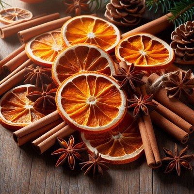 Dried oranges, cinnamon, and star anise on wood