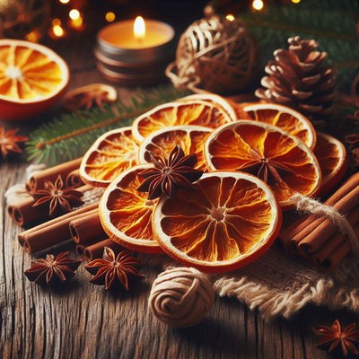 Dried oranges, cinnamon, and star anise on wood