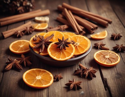 Dried orange slices and star anise on a wooden table
