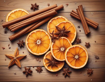 Dried oranges, cinnamon, and star anise on wood