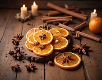 Dried orange slices and star anise on a wooden table