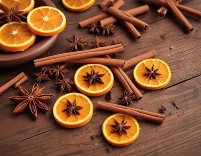 Dried orange, cinnamon, and star anise on wood