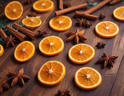 Orange slices, cinnamon, and star anise on wood