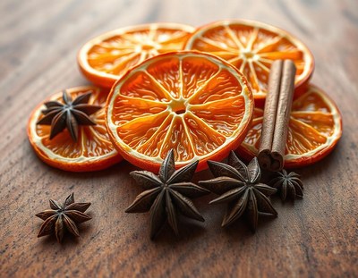 Dried oranges, star anise, cinnamon on wood table